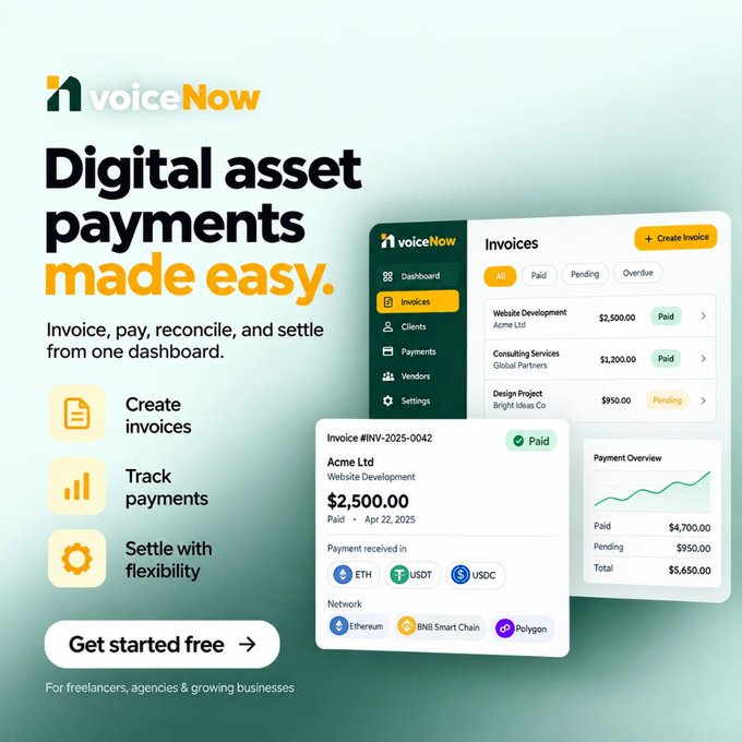 A promotional graphic for 'voiceNow' advertising digital asset payments, featuring a dashboard interface with invoices, payments, and crypto options like ETH, USDT, and USDC.