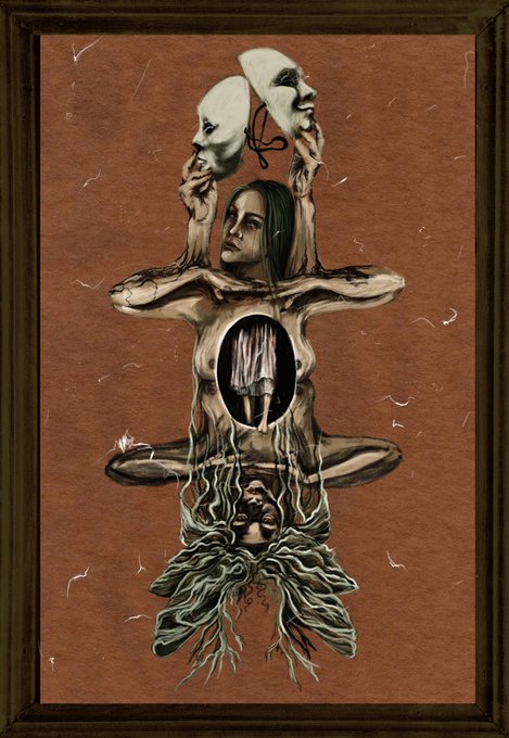 A surreal framed artwork depicts a multi-faced, multi-armed figure with a woman's head, holding white masks, with a circular opening revealing a small figure and roots growing below on a rust-colored background.