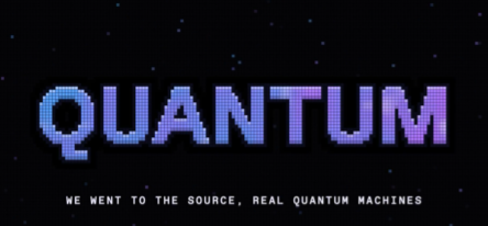 Pixelated blue and purple text reading 'QUANTUM' with the tagline 'WE WENT TO THE SOURCE, REAL QUANTUM MACHINES' below it.