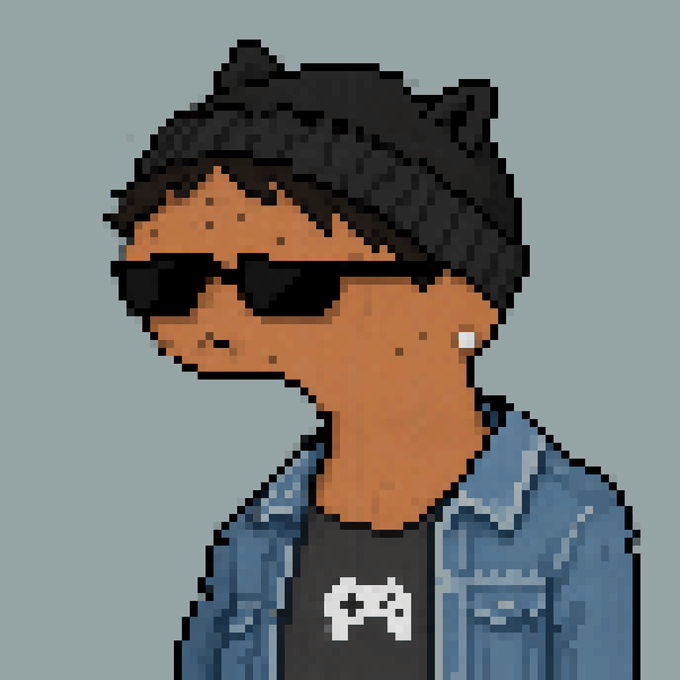 Pixel art illustration of a character with dark hair wearing black sunglasses, an earring, a black shirt with a game controller graphic, and a blue denim jacket.
