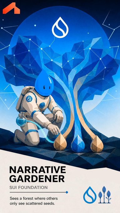 A digital NFT-style illustration titled 'NARRATIVE GARDENER' for the SUI FOUNDATION, showing a character with a blue water-drop head tending to a crystalline tree, with the tagline 'Sees a forest where others only see scattered seeds.'