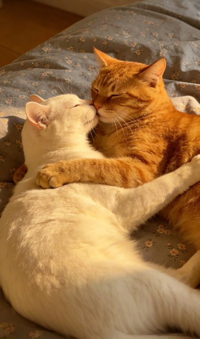 Two cats share a tender moment on a floral-patterned bed, with an orange tabby gently embracing a white cat as they nuzzle faces together in warm, golden sunlight.