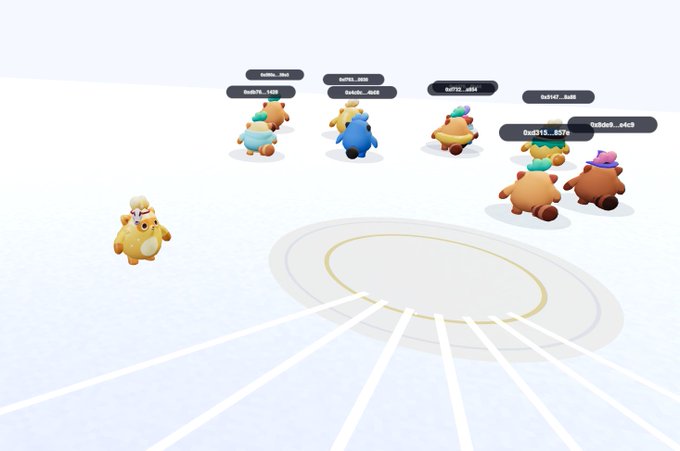 A screenshot from the video game "Stumble Guys" featuring several cartoonish, costumed characters standing on a white platform, with usernames displayed above them.