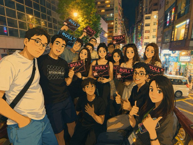 An animated, Studio Ghibli-style illustration of a group of people at night in a city holding red 'BULL' signs, with one person wearing a 'STOCKCOIN.AI' shirt.
