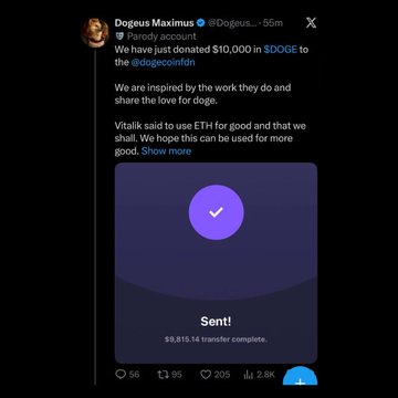 A social media post with a large purple circle centered on it that reads "Sent!" and "We are inspired by the work they do... we share the love for dogecoin!".