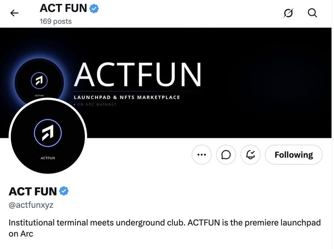 Screenshot of the verified Instagram profile for ACT FUN (@actfunxyz), a launchpad and NFTs marketplace on the Arc mainnet with 169 posts, shown to promote their Trenches Points Campaign running until 15/10 with a mainnet launch on 16/10, offering 10% of supply to early supporters who complete tasks like following, posting, tagging, daily check-ins, and inviting friends.