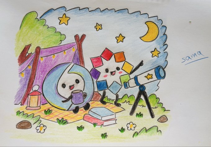 A child's colored pencil drawing signed 'sama' depicting a cute water drop character and a sun character camping at night, with the sun looking through a telescope at the stars.