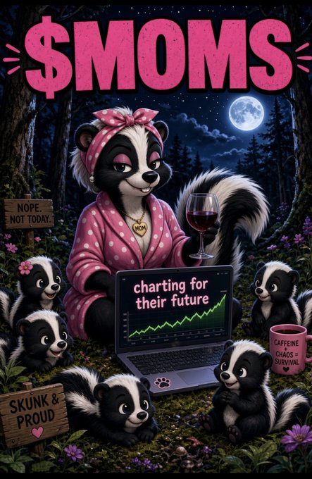 A colorful digital illustration featuring a mother skunk wearing pink polka-dot pajamas, holding a wine glass and a laptop displaying 'charting for their future', surrounded by her baby skunks under the text '$MOMS'.