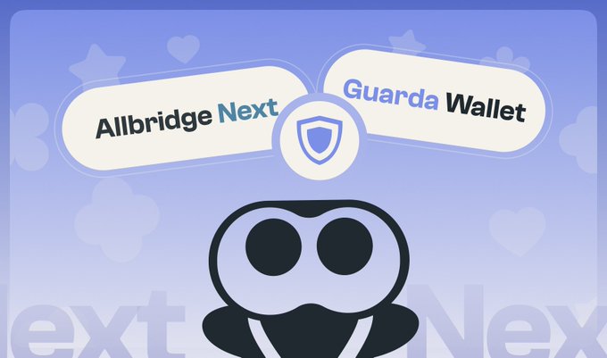 A cartoonish purple character peeks up beneath interconnected "Allbridge Next" and "Guarda Wallet" banners with a central shield icon, visually representing the partnership that enables seamless cross-chain transfers without needing multiple wallets or applications.