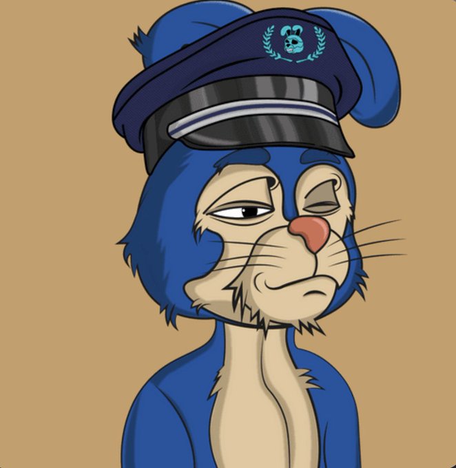 A digital illustration of a blue and tan cartoon cat-like character wearing a dark blue military-style cap with a Mickey Mouse skull insignia.