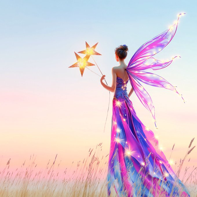 Digital artwork of a fairy in a flowing pink and blue dress with large translucent wings, holding a glowing star wand in a golden field at sunset.
