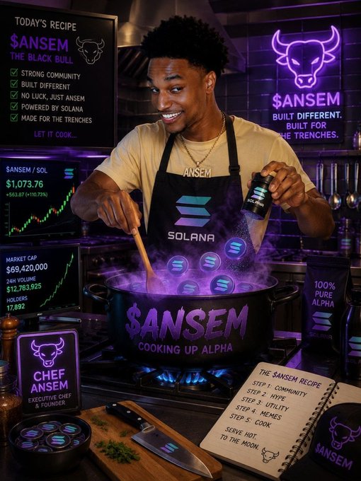 A digital illustration promotes the '$ANSEM' Solana token, showing a man in a kitchen cooking in a cauldron labeled '$ANSEM COOKING UP ALPHA' alongside charts showing a market cap of $69,420,000.