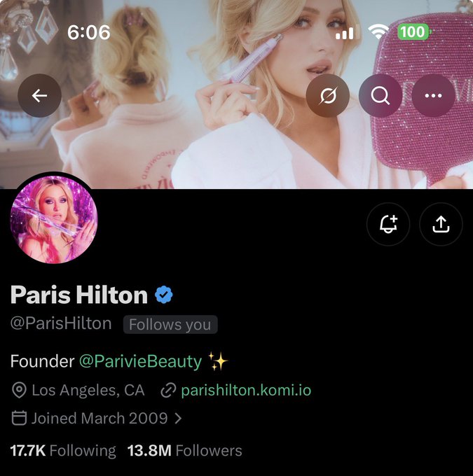 The image shows Paris Hilton's verified Twitter/X profile (@ParisHilton) with 13.8M followers, displaying her holding a pink sparkly item in the banner photo. The "Few understand my reach. $TBB" caption relates to her massive follower base, emphasizing her vast social media influence and reach.