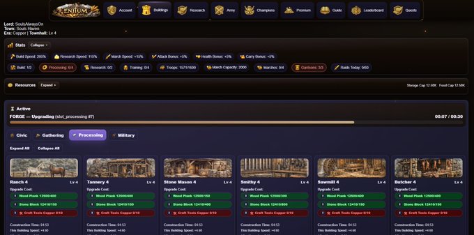 A screenshot of a game interface called "XENIUM" showing stats, resources, and various upgrade buildings like Ranch 4, Tannery 4, and Stone Mason 4.