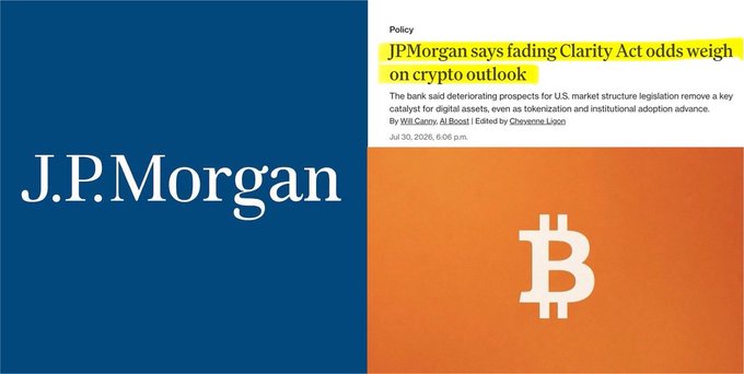 Split image showing the J.P. Morgan logo on the left in blue and the Bitcoin logo on the right in orange, with a news headline stating 'JPMorgan says fading Clarity Act odds weigh on crypto outlook.'