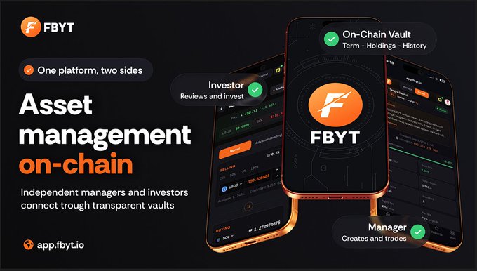 A promotional banner for FBYT cryptocurrency platform advertising 'Asset management on-chain' with the tagline 'One platform, two sides' and features for Investors and Managers, at app.fbyt.io.