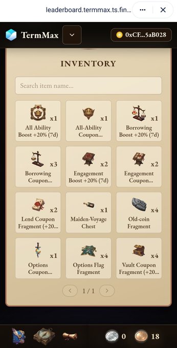 A mobile screenshot of TermMax's INVENTORY menu shows various game items including All Ability Boost, Borrowing Boost, Lend Coupon Fragment, Maiden-Voyage Chest, and Options Fragment, with 18 coins at the bottom.