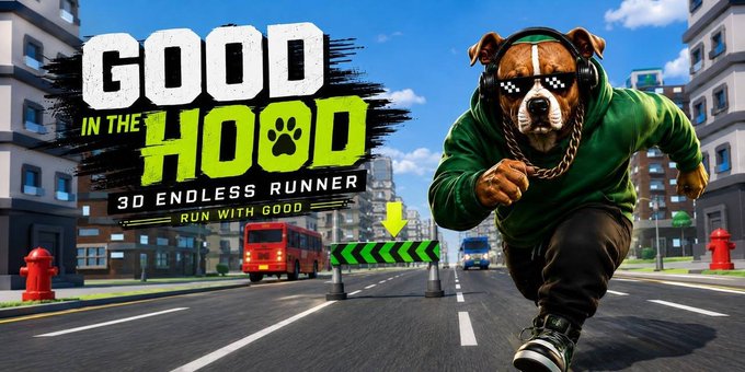A promotional banner for "GOOD IN THE HOOD - 3D ENDLESS RUNNER - RUN WITH GOOD" features an anthropomorphic dog wearing sunglasses, headphones, and a gold chain sprinting down a city street. The image ties into the post's announcement of $Good, the meme coin ticker, by blending its "Good" branding with the runner character.