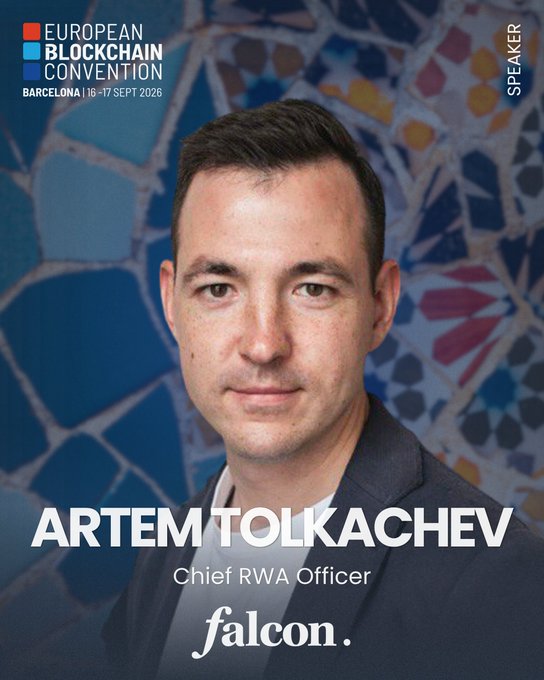 A speaker promotional card for the European Blockchain Convention in Barcelona (16-17 Sept 2026), featuring Artem Tolkachev, Chief RWA Officer at Falcon.