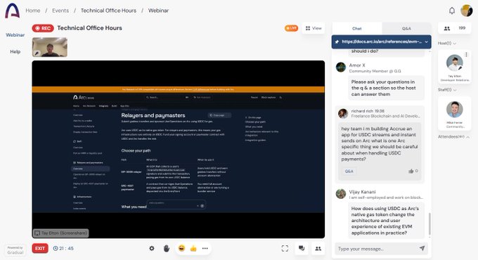 Screenshot of the Arbitrum documentation page on 'Relayers and paymasters' during a Technical Office Hours webinar with live chat Q&A about USDC and Arc blockchain.