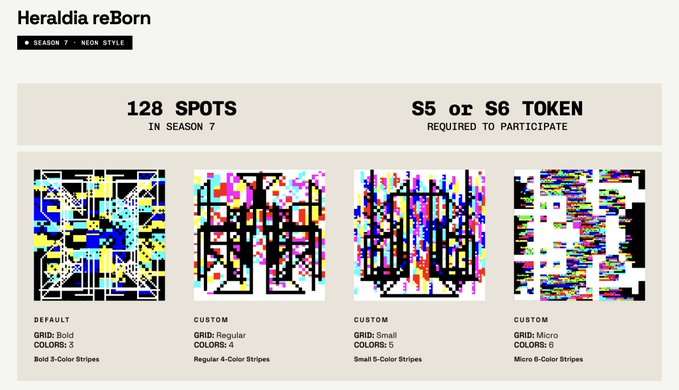 An informational graphic titled "Heraldia reBorn" for Season 7 in Neon Style, advertising 128 spots in Season 7 with an S5 or S6 token required to participate, and showing four grid patterns.