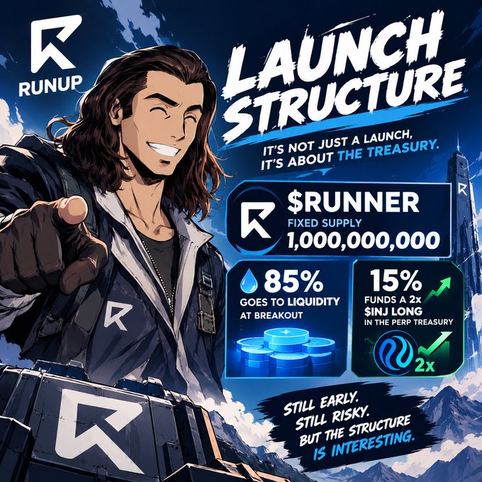 A promotional image for a cryptocurrency or token called "$RUNNER" by RUNUP, advertising a fixed supply of 1,000,000,000 with an 85% allocation to liquidity and 15% to a perpetual treasury.