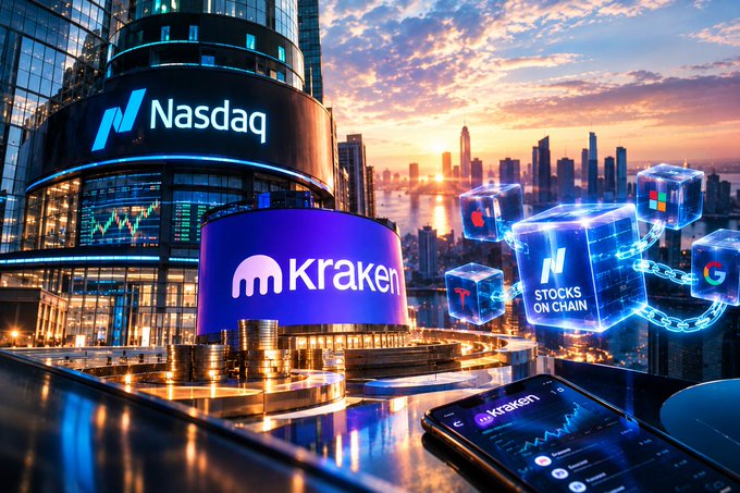 A promotional image featuring a stylized Nasdaq building with Kraken and 'STOCKS ON CHAIN' branding, set against a sunset city skyline with floating tech company logos and a smartphone displaying the Kraken app.