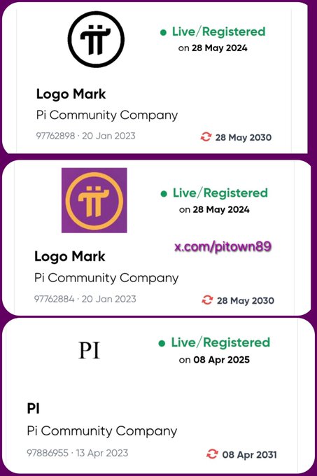 The image displays three trademark registration records filed by Pi Community Company, covering logo marks (97762898 and 97762884) and the word mark "PI" (97886955), all showing as Live/Registered. These official filings directly relate to its message, serving as evidence of the company's legal ownership over the "PI" name and Pi Network logo to support claims of trademark infringement against unauthorized users.