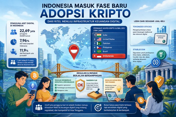 An infographic titled 'INDONESIA MASUK FASE BARU ADOPSI KRIPTO' detailing statistics like '22.69 juta' users and '7.96%' adoption rate, highlighting Indonesia's crypto landscape and ranking it 6th globally.