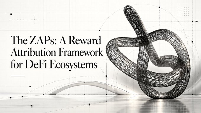 A title graphic reading 'The ZAPs: A Reward Attribution Framework for DeFi Ecosystems' next to a wireframe 3D sculpture resembling a twisted knot on a light background with geometric design elements.