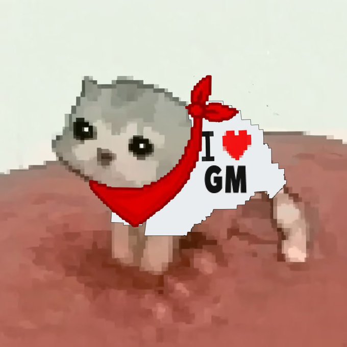 A pixel art illustration of a small white and gray animal wearing a red bandana and holding a sign that reads "I ❤ GM".