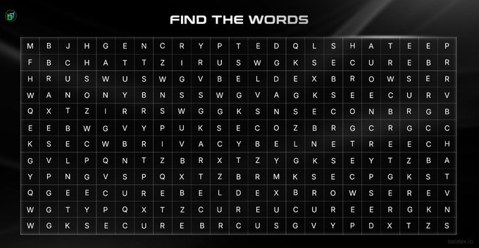 A word search puzzle titled 'FIND THE WORDS' displaying a grid of letters on a dark background, with words like 'SECURE', 'BROWSER', 'ENCRYPT', and 'TREZOR' hidden within.