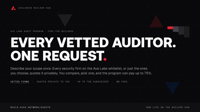 An Avalanche Builder Hub promotional banner reading 'EVERY VETTED AUDITOR. ONE REQUEST.' for the AVA LABS AUDIT PROGRAM, offering up to 75% subsidized quotes from vetted security firms.