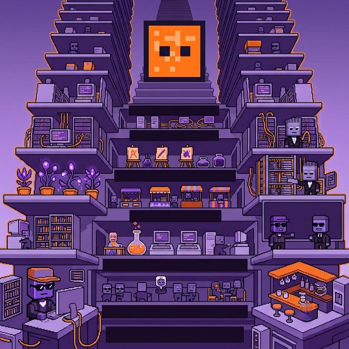 A pixel art illustration shows a multi-level purple building filled with various rooms, characters, computers, shops, and easels, topped with a large pixel face.