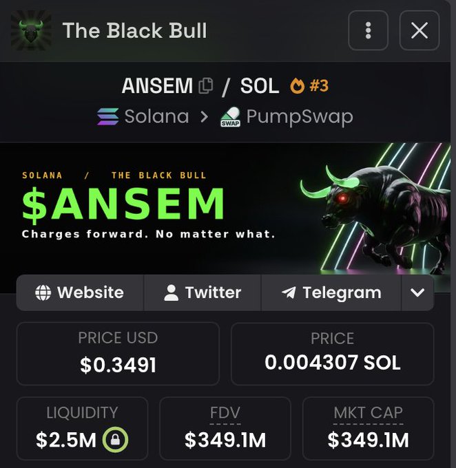 A screenshot of the $ANSEM memecoin trading page on Solana via PumpSwap, showing a price of $0.3491, a market cap and FDV of $349.1M, and $2.5M liquidity, paired with a giveaway post claiming the token will reach a $1 billion market cap by next week.