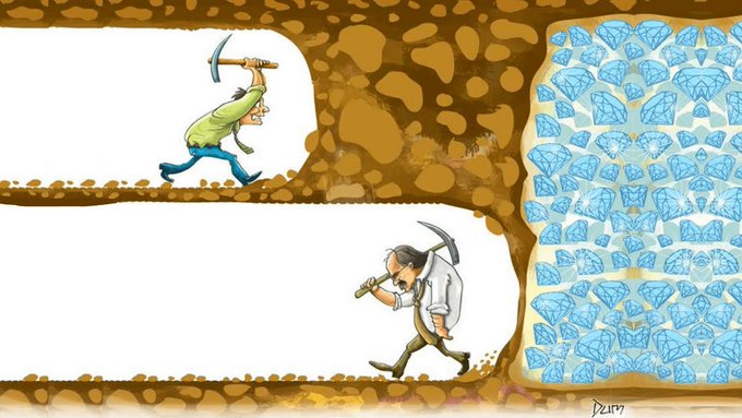 A cartoon depicts a miner swinging a pickaxe to break through rock toward a glittering cache of diamonds, while another miner on a lower level has yet to reach the treasure—illustrating the poster's message of perseverance through the lowest point of their crypto journey to ultimately uncover massive financial gains.