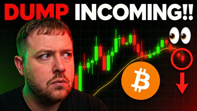A YouTube thumbnail features a man with a serious expression next to a Bitcoin price chart with green and red candlesticks, eyes emoji, and a downward red arrow, with the bold text 'DUMP INCOMING!!' across the top.