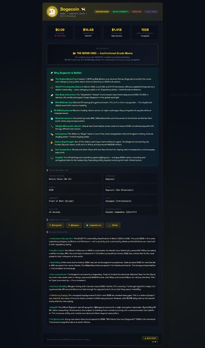 The image features a screenshot of a website page, specifically an e-card showcasing the Dogecoin project. The card covers various points about the Dogecoin coin and its future prospects. There are multiple lines of text present, including descriptions of the project's characteristics and potential reasons for its bullishness. Additionally, there is a dollar sign symbol that reads $1.00, indicating the value or worth of the Dogecoin coin. A website link can also be seen in the image.