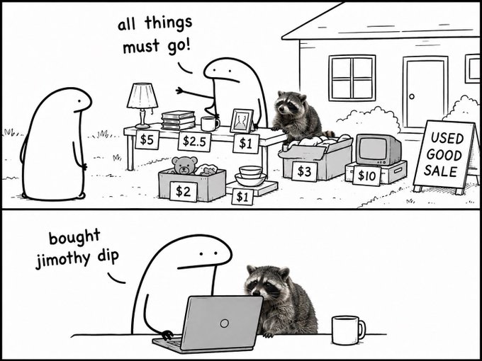 A two-panel black and white comic featuring simple blob characters and a raccoon at a yard sale; in the second panel, a character says 'bought jimothy dip' while using a laptop next to the raccoon.