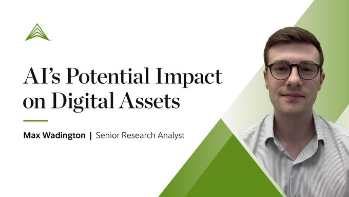 A presentation slide titled 'AI's Potential Impact on Digital Assets' features a photo of Max Waddington, Senior Research Analyst, on the right side with green geometric design elements.
