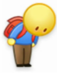 A small cartoon figure wearing a yellow hard hat, blue shirt, and red striped scarf, leaning forward as if bowing or working.