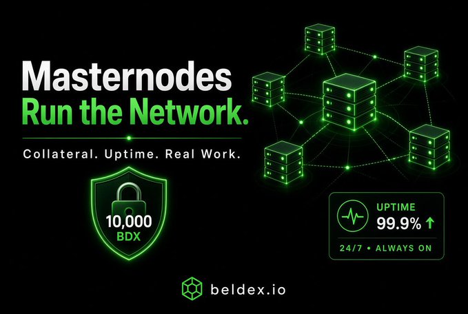 A promotional graphic for Beldex (beldex.io) cryptocurrency featuring 'Masternodes Run the Network' text, a 10,000 BDX collateral shield icon, and 99.9% uptime statistics with green server illustrations.