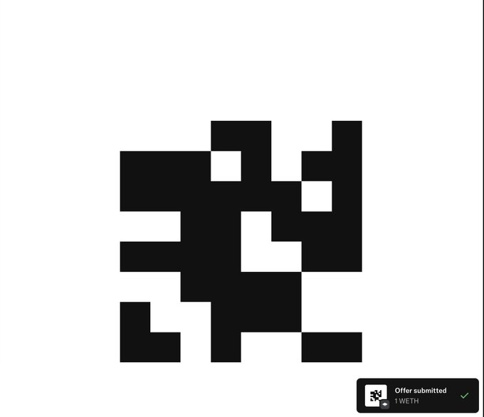A black-and-white pixel art composition on OpenSea showing an "Offer submitted" notification for 1 WETH at the bottom right.