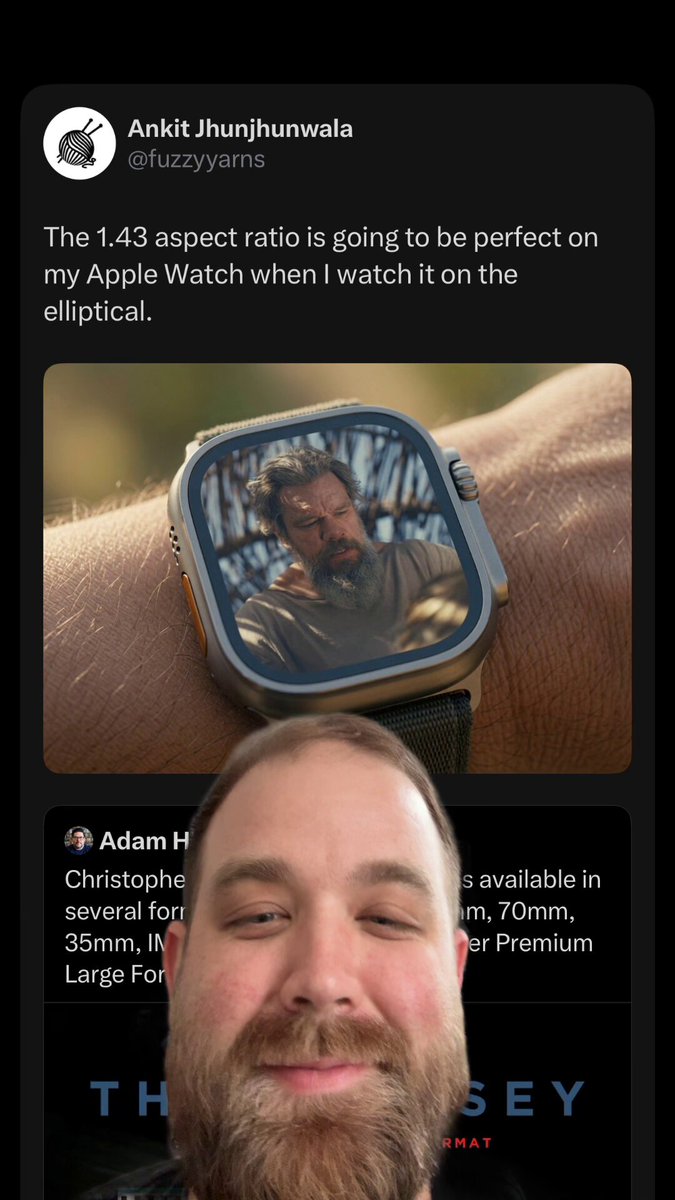 The image shows a man with a beard wearing an Apple Watch, which has been posted on Twitter by someone named "Adam H." The post includes a photo of the watch being displayed on his wrist along with a caption about the watch's features. The caption reads, "Cant believe they didn't put this on the site". This suggests that the man is proud of his Apple Watch and wants to share it with others by posting pictures or videos of its features on social media platforms like Twitter.
