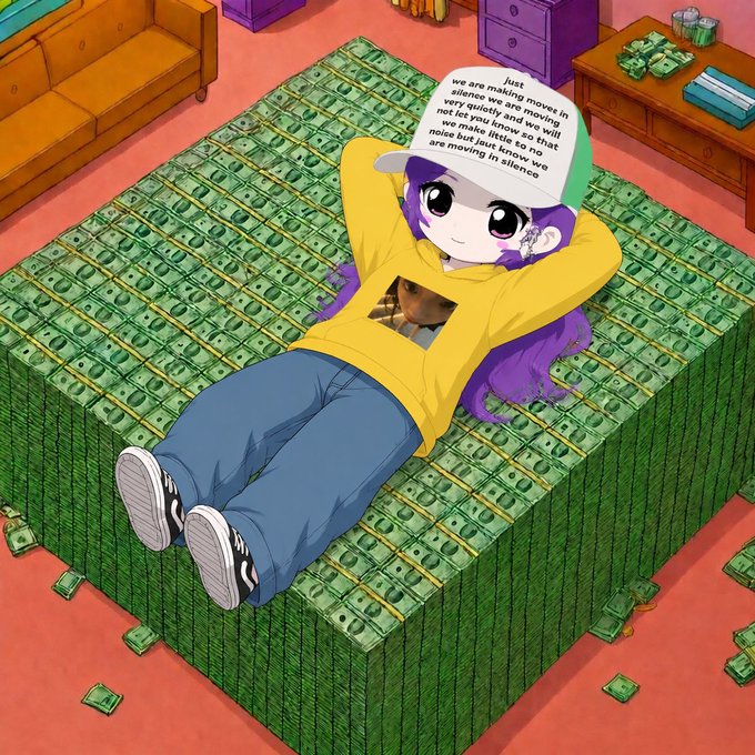 An anime-style illustration shows a purple-haired character in a yellow hoodie and green/white cap lounging on a massive bed of stacked money, with a text bubble reading: 'Just we are moving in silence we are moving in very quietly and we will not let you know where we are. Just know that we are moving in silence.'