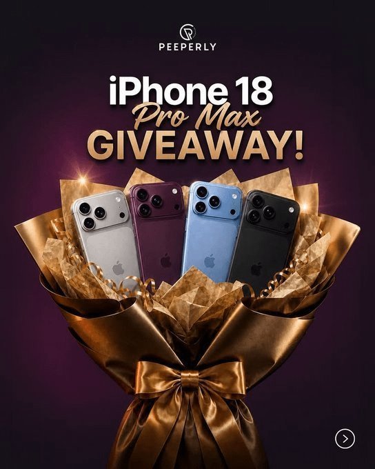 A promotional giveaway advertisement from Peeperly featuring the text 'iPhone 18 Pro Max GIVEAWAY!' above a gold-wrapped bouquet displaying four iPhones in different colors.