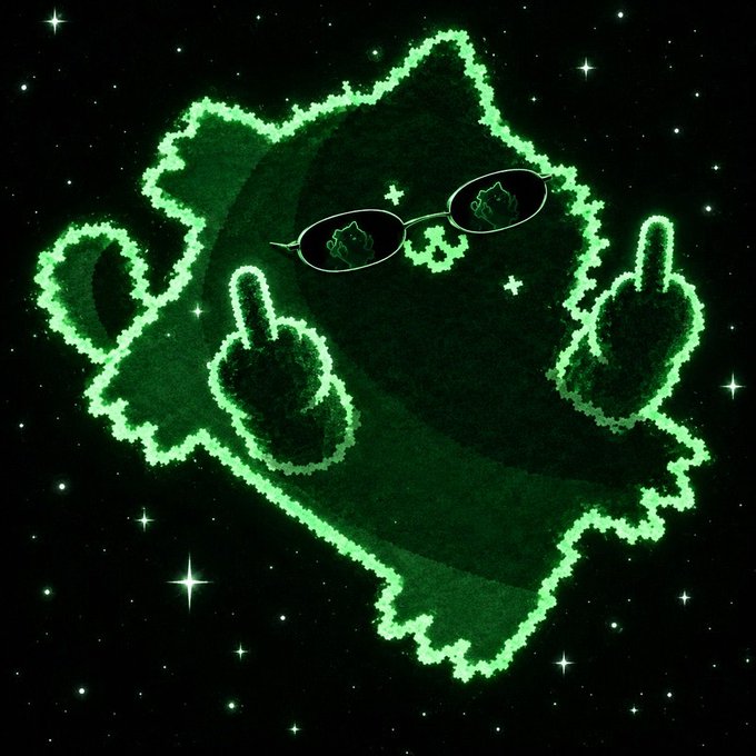A glowing green, pixelated artwork depicts a stylized cat-like figure wearing sunglasses against a dark, starry background.