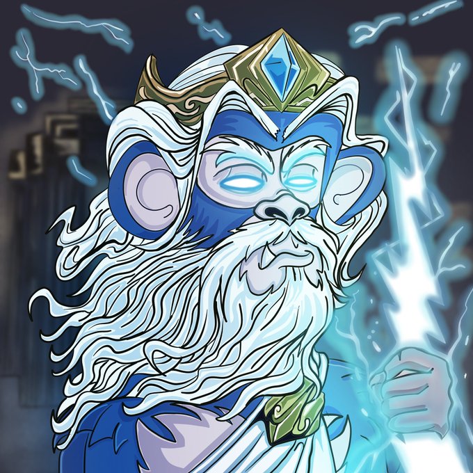 A digital illustration of a monkey-like deity with glowing blue eyes and a white beard, wearing a golden crown and wielding a lightning bolt, set against a dark background.