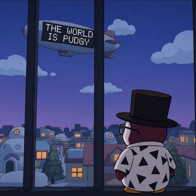 An animated illustration depicts a round character wearing a top hat and triangle-patterned shirt gazing out a window at a nighttime cityscape while a blimp overhead displays the message 'THE WORLD IS FUDGY.'