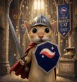 A Shiba Inu dog wearing a knight's helmet, holding a sword and a blue shield with a red wave design, set in a medieval-style room with a banner in the background.